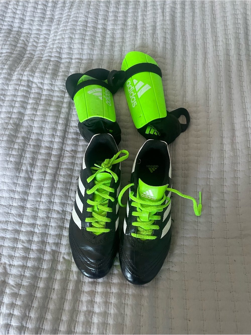 Adidas Kids Soccer Cleats + Shin Guards Bundle — Size 3.5 Black/Neon Green